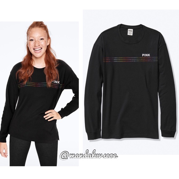 ๐VS PINK RAINBOW ๐ BLING RHINESTONE BLACK CAMPUS TEE LONG SLEEVE - Picture 3 of 6